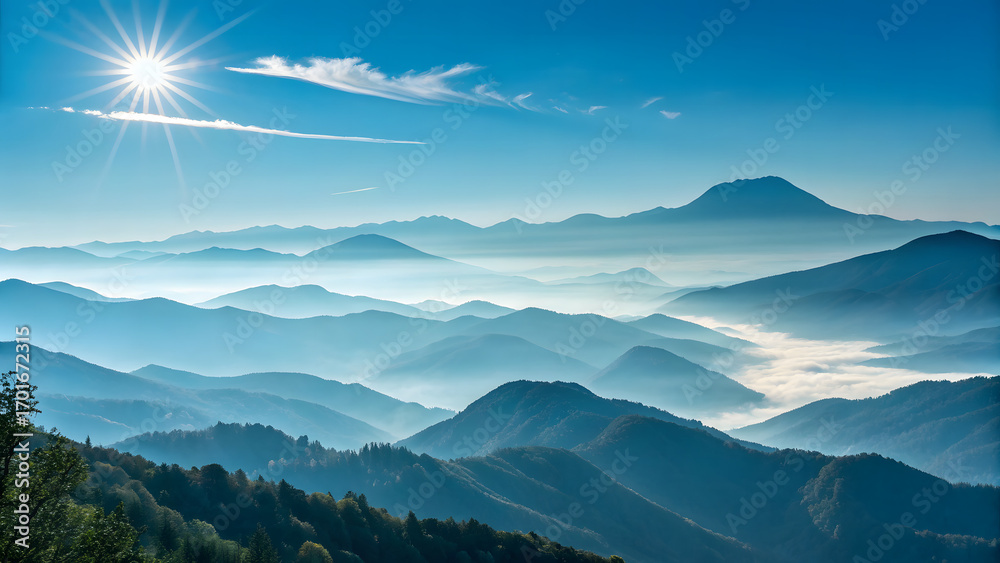 Fototapeta premium Misty mountain peaks bathed in golden sun light majestic landscape scenery