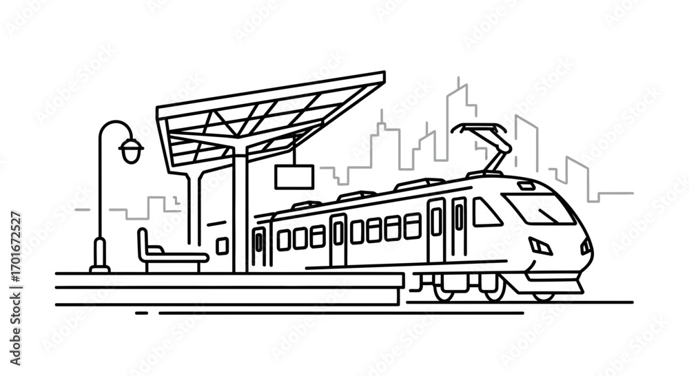 Fototapeta premium Train at station with city skyline in background line art illustration.