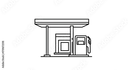Gas station outline illustration on white background showing pump and canopy.