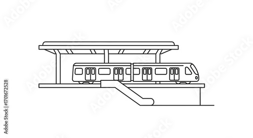 Line drawing of a train at a station with a covered platform.