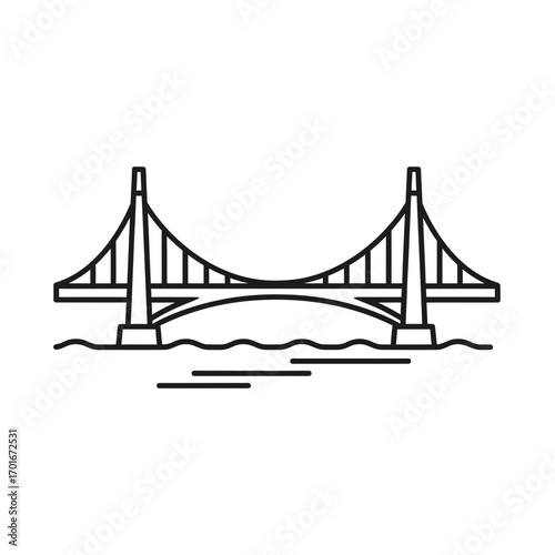 Line drawing of a suspension bridge over water against a white background.