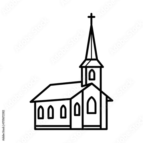 Simple line drawing of a church building with a steeple and cross.
