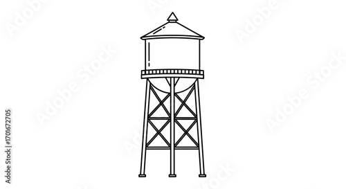 Water tower stands tall on a white background in a simple line drawing.