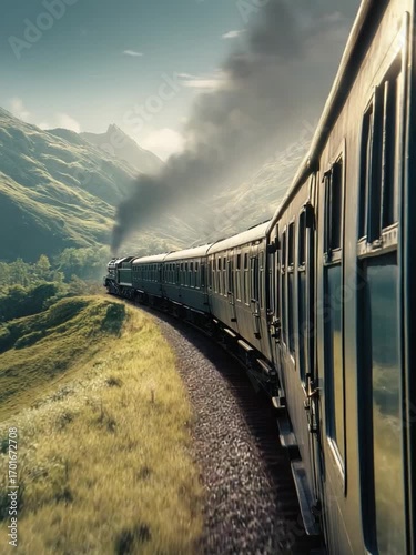 Journey through the Highlands: A vintage train winds its way through rolling green hills, its steam plume rising majestically against a serene blue sky. Embrace the classic era of travel.