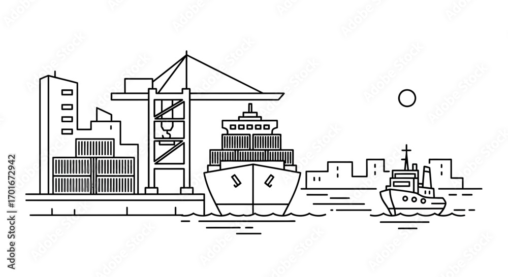 Obraz premium Line art illustration of a port with a ship crane and buildings.