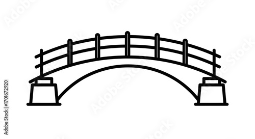 Line drawing of a bridge with an arched structure and railing.