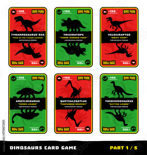 1Dinosaurs card game for kids. Features silhouettes, names, and facts about dinosaurs species: Tyrannosaurus, Triceratops, Velociraptor, Ankylosaurus, Quetzalcoatlus, Therizinosaurus. Part 1 of 5.