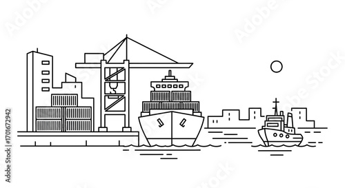 Line art illustration of a port with a ship crane and buildings.