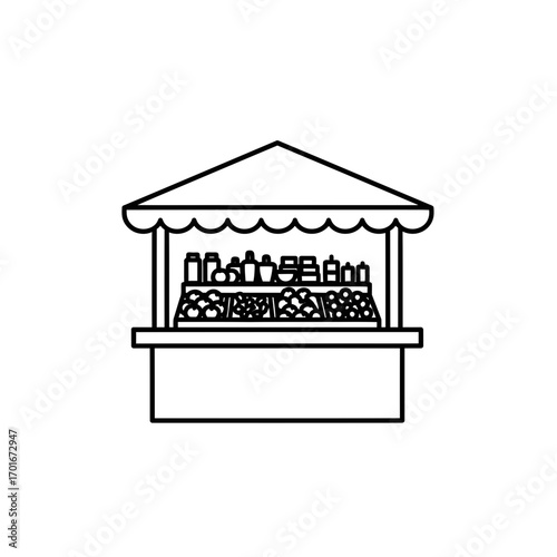 A simple line drawing of a market stall with goods displayed.