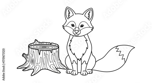 Cartoon fox sitting near a tree stump outline black and white illustration.