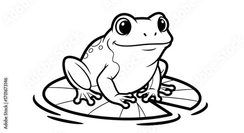 Cartoon frog sits on lily pad in black and white illustration.