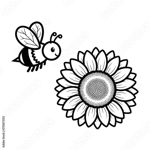 A bee flies toward a sunflower in black and white illustration.