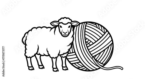 Line drawing of a sheep next to a large ball of yarn.