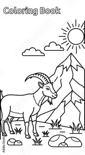 Coloring book page shows an ibex standing in a mountain landscape.