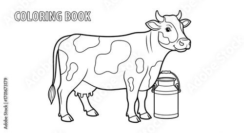 Black and white drawing of a cow standing next to a milk can.