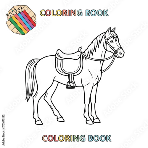 Line art of a saddled horse for a coloring book illustration.