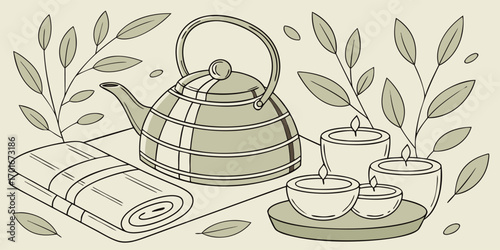 A Tranquil Tea Ceremony Set With A Kettle Cups And Saucers And Decorative Leaves