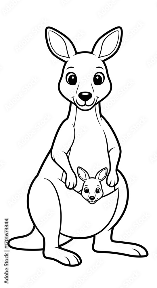 Fototapeta premium Cartoon kangaroo with joey in pouch black and white illustration.