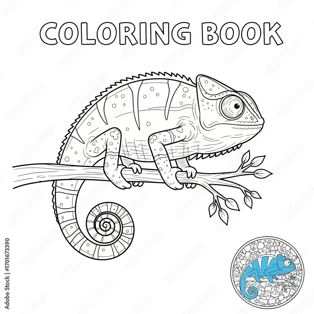 Obraz premium Coloring book page featuring a chameleon on a branch outline illustration.
