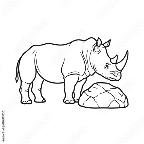 Line drawing of a rhinoceros standing next to a rock.