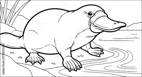 Cartoon platypus on riverbank black and white illustration.