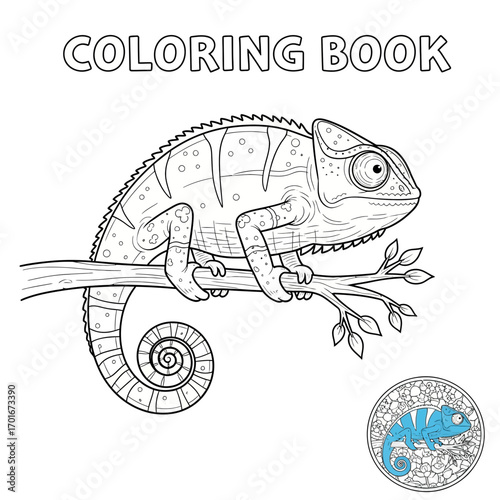 Coloring book page featuring a chameleon on a branch outline illustration.