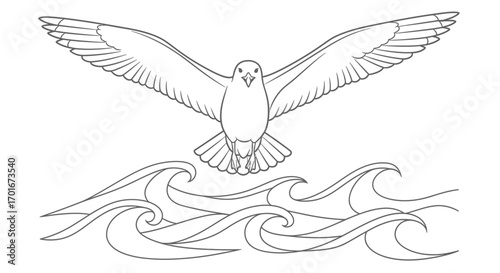 Line art of a bird flying above stylized waves on a white background.