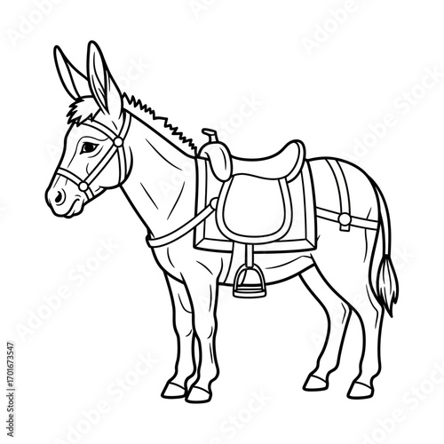 Illustration of a saddled donkey in black and white on a white background.