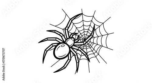 Line art illustration of a spider on its web isolated on white.