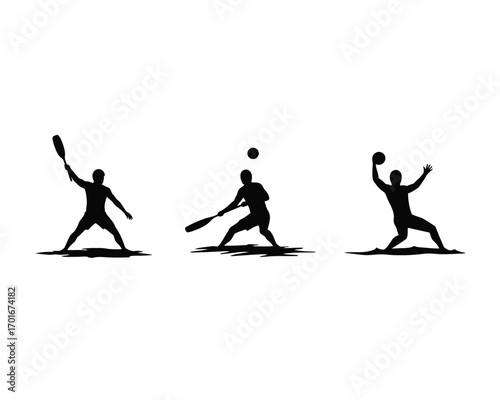 Three silhouettes of athletes playing racquetball in dynamic poses showing action and movement