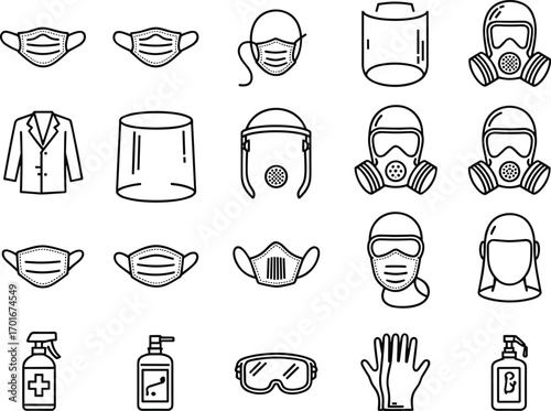 Line art icons of protective medical gear and sanitization products Keywords: medical, protection, gear, mask, respirator, gas