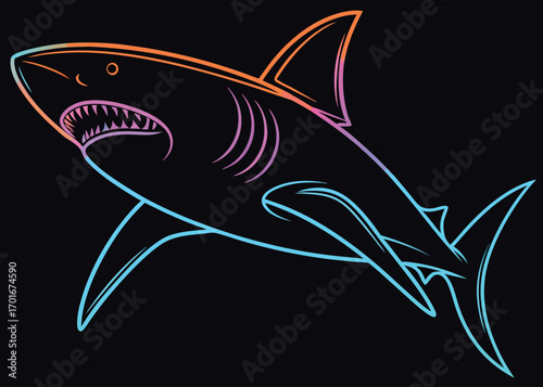 Vector art of a neon outline of a great white shark with its mouth open, showing sharp teeth, against a dark background