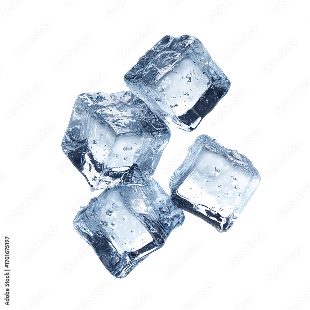 Obraz premium Set of transparent ice cubes floating, isolated on transparent cutout background