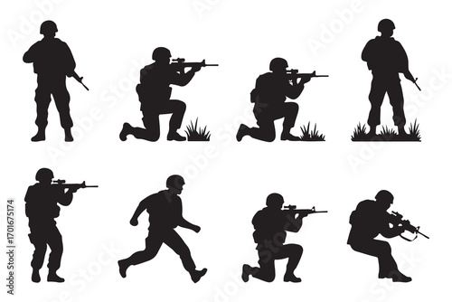 Black silhouette soldiers in combat poses with rifles
