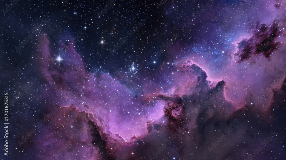 Fototapeta premium Celestial Symphony: Breathtaking Nebula Cloudscape with Stars, Cosmic Dust, and Vibrant Purple Hues for Astrological Visuals