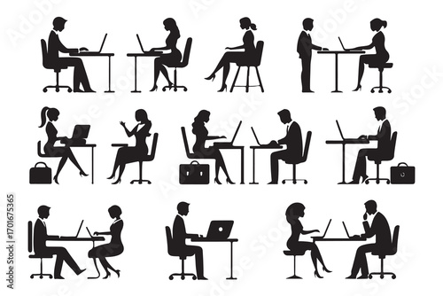 Black silhouettes of men and women working on laptops at desks
