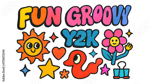 Y2K Groovy Fun: Bright, Cheerful Cartoon Stickers,  Happy Sun, Flower, Stars, and Hearts.