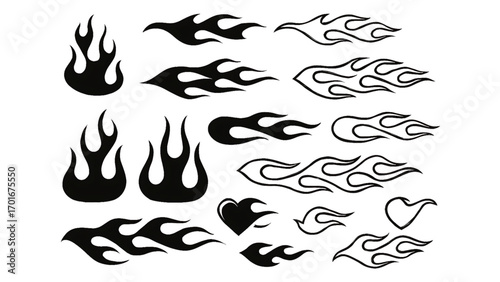 Collection of Fiery Black and White Flame Graphics:  Perfect for Hot Rod Designs, Tattoo Art, and Fiery Branding.