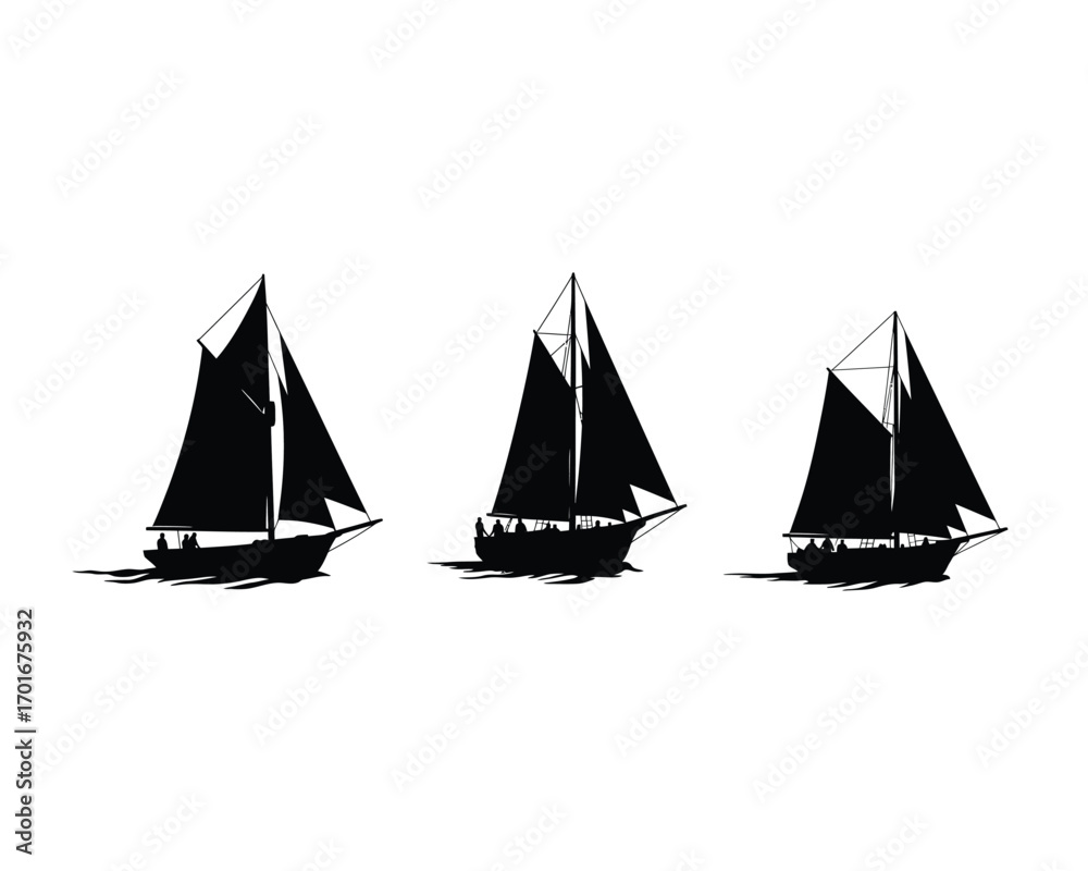 Naklejka premium Three classic black silhouette sailboats with full sails gliding across the water in a stylized artistic representation