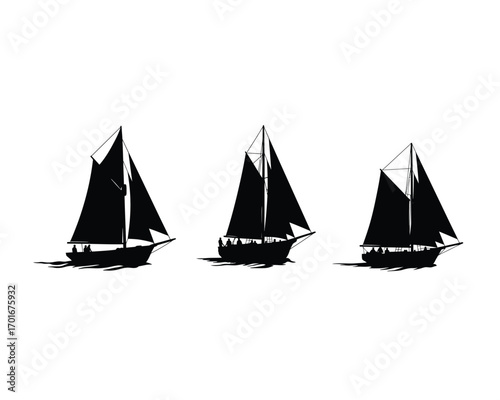 Three classic black silhouette sailboats with full sails gliding across the water in a stylized artistic representation