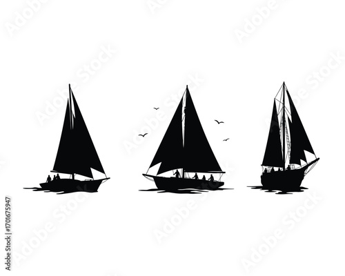 Three black silhouette sailboats with tall masts and sails on a white background evoking a sense of adventure and freedom on the open sea