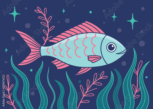 Vector art of a cute cartoon fish swims in the deep blue ocean surrounded by seaweed and stars, underwater scene