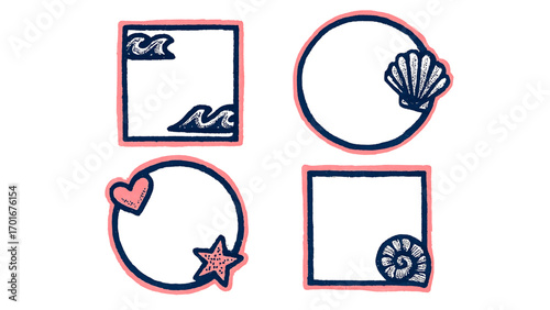 Hand-drawn nautical frames: charming coral and navy blue square and circle borders with seashells, starfish, waves, and heart accents; whimsical summer design.