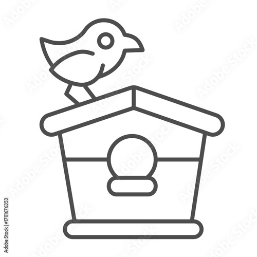 Bird house and sparrow thin line icon, spring season concept. Vector graphics. Sparrow bird and wooden treehouse, handicraft sign on white background, outline style icon for mobile or web design.