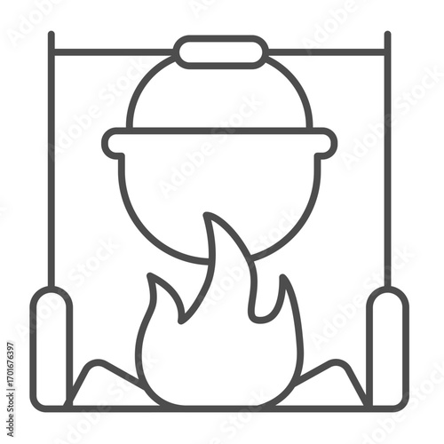 Cauldron on fire thin line icon, spring season concept. Vector graphics. Camping pot at fireplace, cooking sign on white background, outline style icon for mobile or web design.