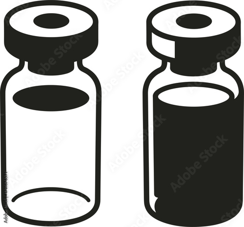 Two Pharmaceutical Vials One Empty and One Filled Black Outline Icons Keywords: vials, pharmaceutical, medicine, drug, vaccine