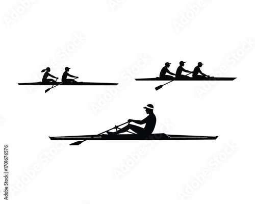 Silhouettes of rowers in boats on water showcasing single scull double scull and quad scull rowing disciplines in a dynamic composition