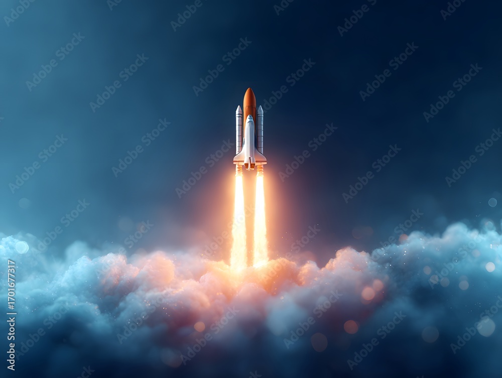 Fototapeta premium Rocket Launching Into the Sky with Flames and Clouds Surrounding It