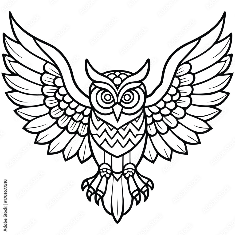Fototapeta premium Dynamic line art vector illustration of an adult owl in flight scalable eps graphic adult coloring