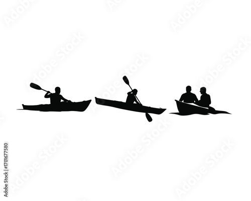 Silhouettes of people kayaking and canoeing on the water during a sunny day with paddles raised